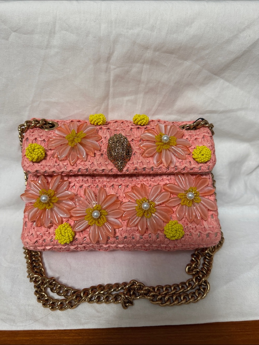 Kurt Geiger Pink Floral Beaded Crossbody with Gold Chain